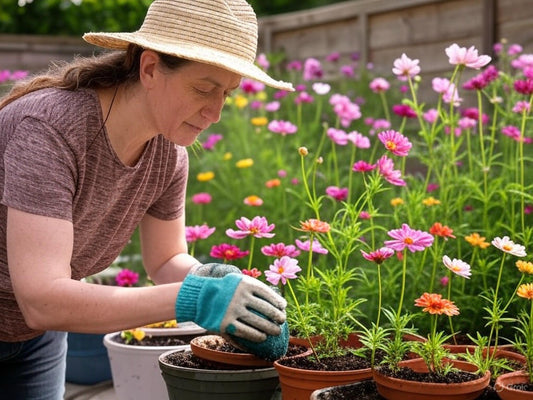 House owner in a straw hat potting flower seedlings in a sunny UK garden, surrounded by vibrant pink, orange, and white cosmos and zinnias, with potted plants and gardening tools nearby.