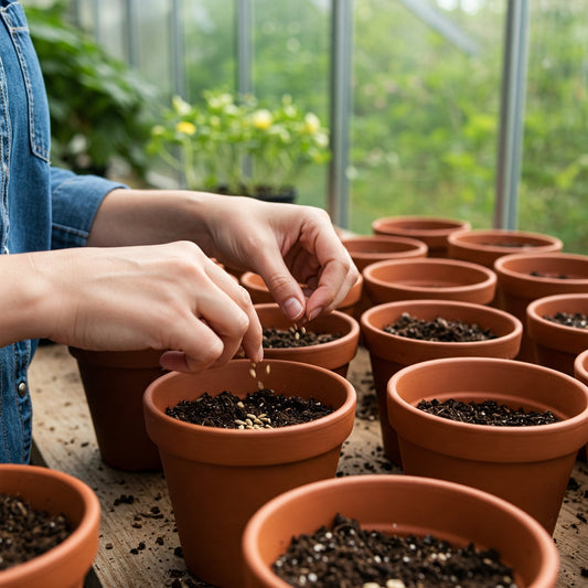 A gardener in a denim jacket sows cut flower seeds, including zinnias, cosmos, and sunflowers, into terracotta pots filled with peat-free compost inside a greenhouse. The scene is set against a backdrop of lush greenery visible through the glass walls